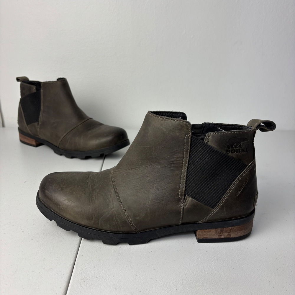 Sorel Emelie Chelsea Waterproof Leather Boots Womens 9.5 Quarry Gray Ankle Boot
